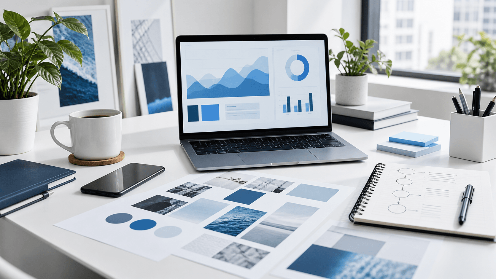 Modern workspace showing digital planning, dashboards, and brand materials