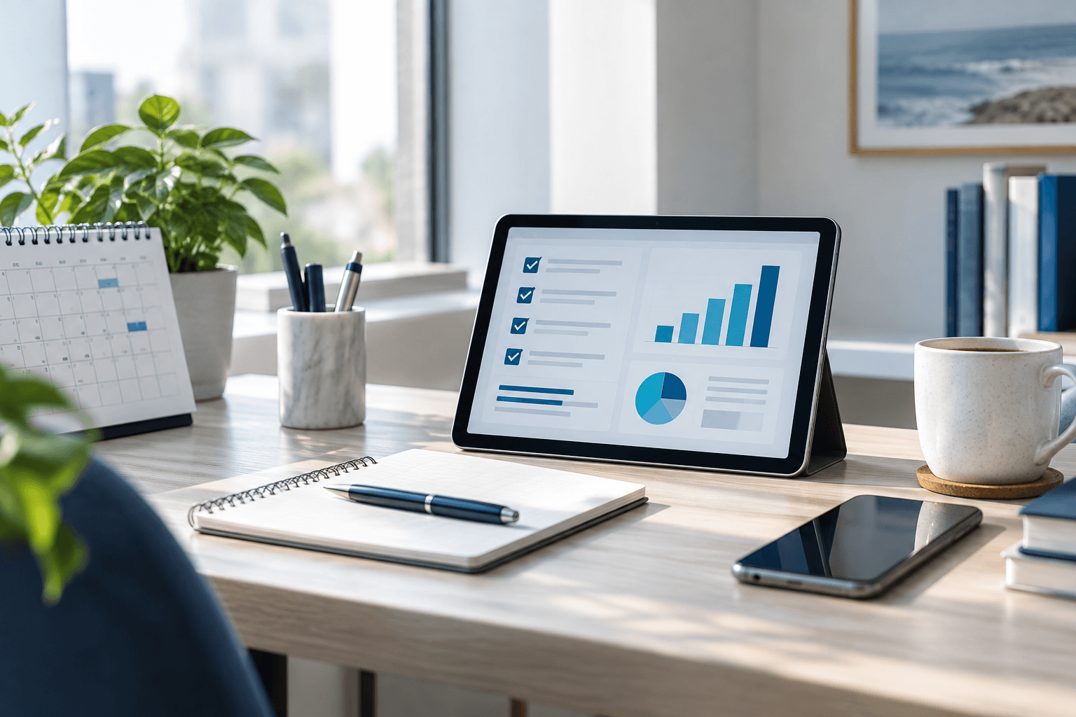 Workspace with a tablet showing audit checklist and performance charts